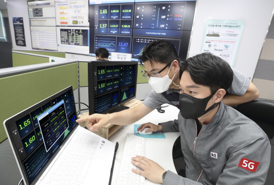 KT 목동IDC2센터 직원들이 인공지능(AI) 기술을 활용, 인터넷데이터센터(IDC) 내 온도·습도를 자동 제어해 전력을 절감하는 ‘AI IDC 오퍼레이터’를 모니터링하고 있다. KT 제공