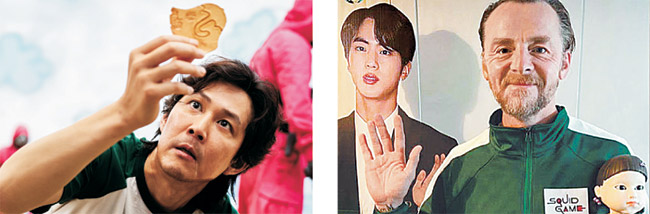 ‘오징어 게임’ 속 달고나 뽑기(왼쪽 사진)가 화제를 모으며 온라인 경매 사이트 이베이에서는 달고나 세트가 판매되고 있고, 영국 유명 배우 사이먼 페그는 ‘오징어 게임’ 속 참가자 트레이닝복을 입은 모습을 공개했다.