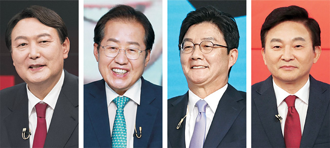 8일 국민의힘 2차 예비경선(컷오프)을 통과한 4명의 대선 주자. 윤석열(왼쪽부터) 전 검찰총장, 홍준표 의원, 유승민 전 의원, 원희룡 전 제주지사. 연합뉴스