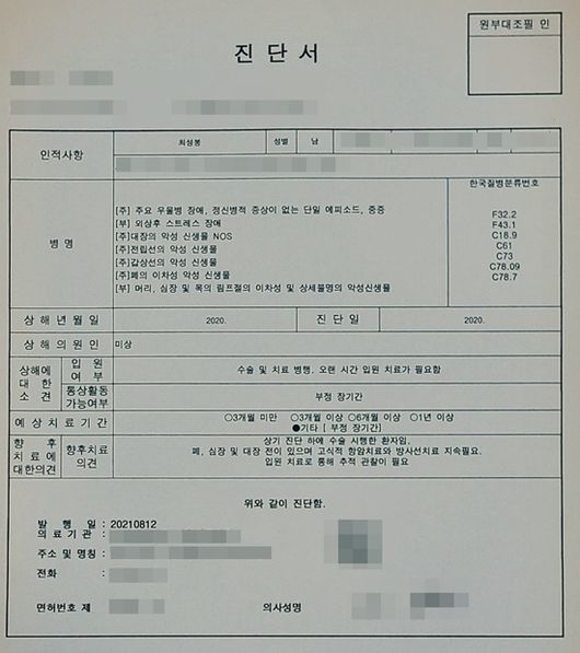 [서울=뉴시스] 가수 최성봉이 공개한 진단서. (사진=최성봉 인스타그램 제공)