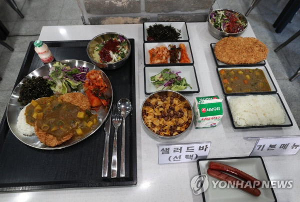 급식개선 시범운용 부대 육군 32사단 병사들의 점심 식사. 13일 오후 국회 국방위원회 육군본부에 대한 국정감사에서 의원들이 32사단 병영식당을 방문해 병사들의 식단을 확인하고 있다. 연합뉴스