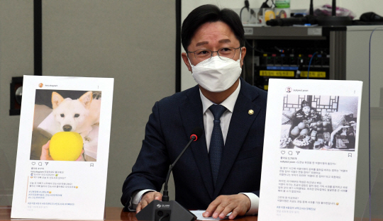 강병원 더불어민주당 최고위원이 22일 오전 국회에서 열린 최고위원회의에서 윤석열 국민의힘 대선주자가 전두환 전 대통령 옹호 발언과 관련해 SNS에 올린 반려견 ‘토리’에게 사과를 주는 장면, 윤 전 총장이 돌잔치 돌잡이를 할 때 사과를 잡는 장면을 담은 패널을 세우고 맹비난하고 있다. 국회사진기자단