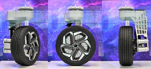 현대모비스가 개발한 ‘e-코너 모듈’. 바퀴가 90도까지 회전이 가능해 자동차의 크랩 주행 및 제자리 회전이 가능해진다. 현대모비스 제공