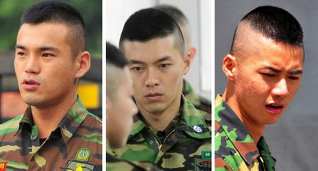 해병대의 전통적인 상륙돌격형 머리를 기른 연예인들. 왼쪽부터 가수 이정, 배우 현빈, 가수 오종혁의 해병대 군 복무 시절 모습. 앞으로 국방부의 간부와 병사 간 ‘두발 차별’ 폐지로 병사들도 원하면 간부처럼 두발을 기를 수 있게 될 것으로 보인다. 해병대 제공
