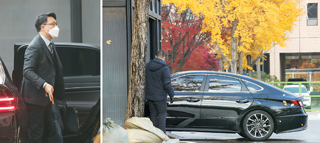 10일 오전 정부과천청사 고위공직자범죄수사처에 ‘고발 사주’ 의혹 사건과 관련해 2차 소환된 손준성 대구고검 인권보호관을 태운 승용차가 들어가고 있다. 왼쪽 사진은 이날 김진욱 공수처장이 공수처로 출근하는 모습.   연합뉴스