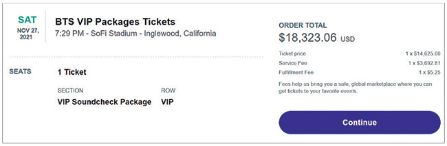 12일 해외 티켓 거래 사이트 스텁허브(StubHub)에서 오는 27일 열리는 방탄소년단(BTS) LA 콘서트의 1회차 공연 ‘VIP 패키지 티켓’의 암표 가격은 1만4625달러(약 1728만 원)까지 치솟았다. 각종 수수료를 포함해 1만8323달러(약 2165만 원)를 지불해야 한 자리를 구할 수 있다.