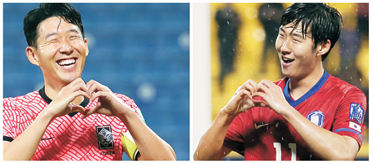 손흥민이 17일 오전(한국시간) 카타르 도하의 타니 빈 자심 스타디움에서 열린 2022 카타르월드컵 아시아 최종예선 6차전에서 후반 29분 득점한 뒤 10년 10개월 전처럼 하트 세리머니를 연출하고 있다. 오른쪽은 2011년 1월 18일 같은 장소에서 열린 아시안컵 C조 3차전에서 후반 36분 A매치 데뷔골을 터트린 손흥민이 하트 세리머니를 펼치는 장면.   연합뉴스