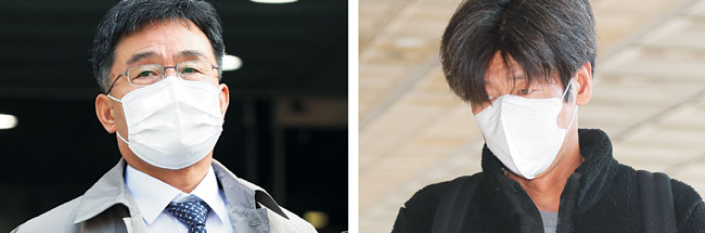 대장동 개발 특혜·로비 사건 뇌물·배임 혐의 등으로 22일 기소된 김만배 화천대유 최대주주가 지난 8일 오후 영장실질심사를 받기 위해 서울지방법원으로 출석하고 있다. 오른쪽 사진은 이날 오전 함께 기소된 천화동인 4호 소유주인 남욱 변호사가 지난달 25일 서울중앙지검 조사실로 향하는 모습.  연합뉴스