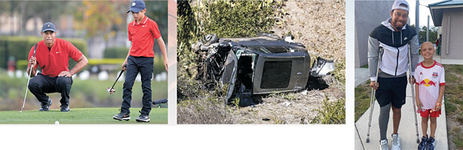 지난해 PNC챔피언십에 출전한 미국의 타이거 우즈와 아들 찰리(왼쪽부터). 지난 2월 24일 전복된 우즈의 차량. 수술을 받은 뒤 목발에 몸을 의지한 우즈. AP연합뉴스, 우즈 SNS