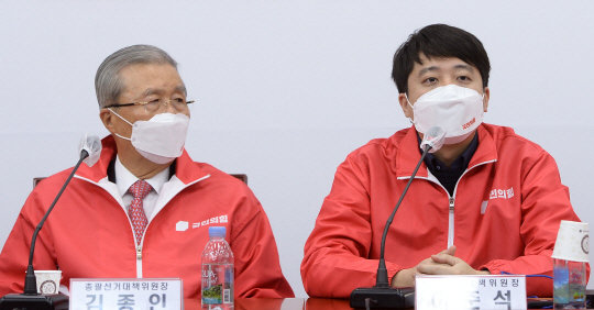 이준석(오른쪽) 국민의힘 대표(상임선대위원장)가 20일 오전 국회에서 열린 중앙선거대책위원회의에서 모두 발언을 하고 있다. 왼쪽은 김종인 총괄선대위원장. 국회사진기자단