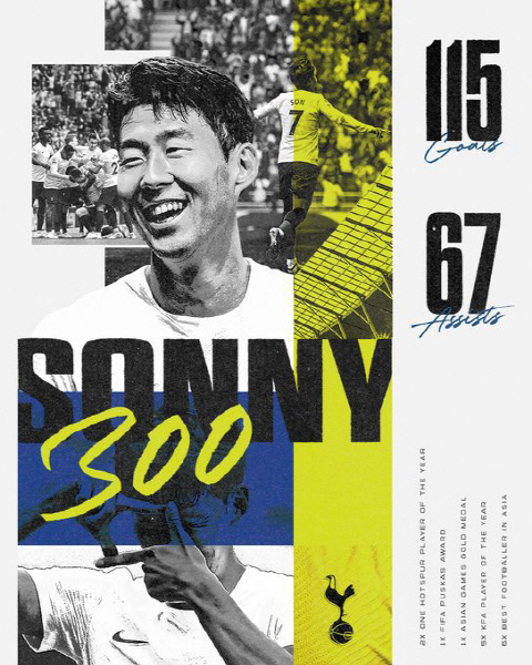 토트넘이 21일 오전(한국시간) SNS에 올린 손흥민의 300경기 출장 기념 게시물. 손흥민은 토트넘에서 300경기에 출장했고, 115득점과 67도움을 올렸다.  토트넘 SNS