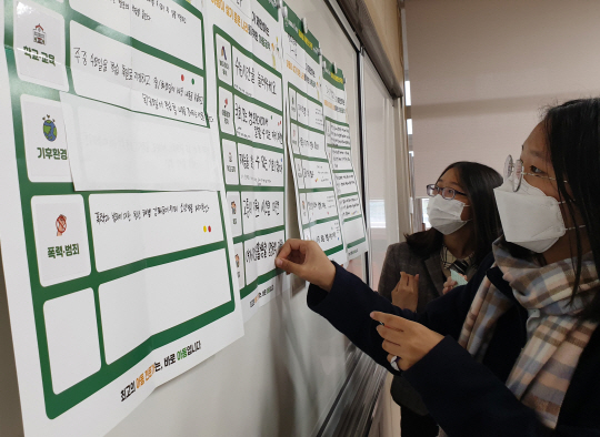 지난달 5일 경남 고성군 철성고에서 1학년 학생들이 또래 친구들이 제안한 아동·청소년 공약들을 살펴보는 모습.  초록우산어린이재단 제공