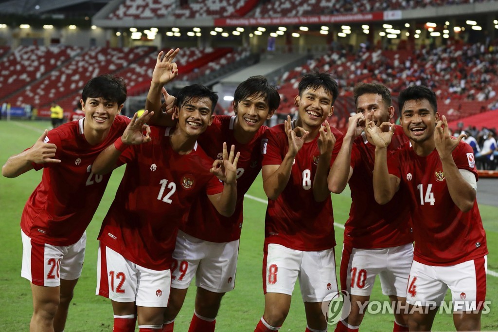골 세리머니 펼치는 인도네시아 축구대표팀 선수들[AP=연합뉴스]