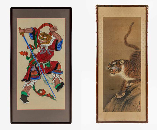 왼쪽은 호랑이를 형상화한 ‘십이지신도-인신’(174.5×90㎝·국립민속박물관 제공), 오른쪽은 ‘황호랑이’라고 불릴 정도로 호랑이 그림을 잘 그리기로 유명한 우석 황종하의 ‘맹호도’(156.2×68.5㎝·국립민속박물관 제공).