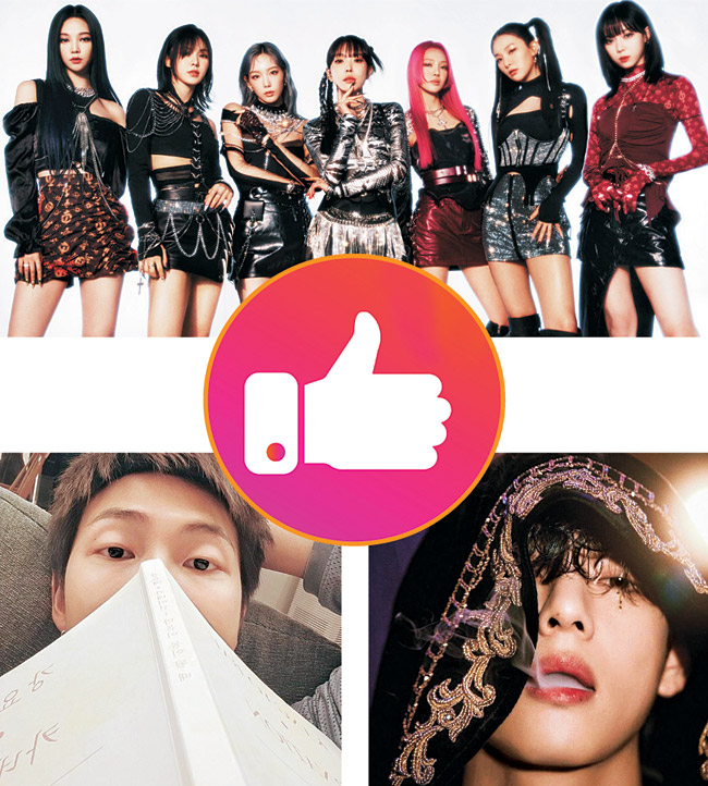 소녀시대 태연과 효연, 레드벨벳의 슬기와 웬디, 에스파의 카리나와 윈터, 그리고 보아 등 서로 다른 그룹의 솔로들이 모여서 만든 걸그룹 ‘갓 더 비트’(위). 방탄소년단 RM의 개인 인스타그램 사진(아래 왼쪽)과 뷔의 솔로 화보.