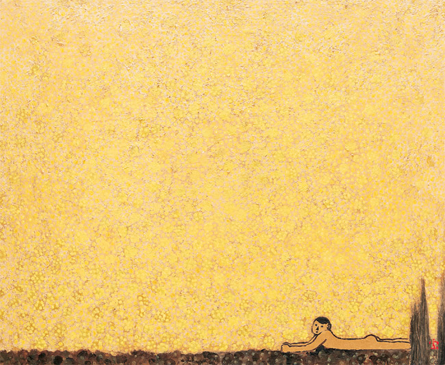 김병종, 송화분분 12세의 자화상, 180×220㎝, 혼합재료에 먹과채색.