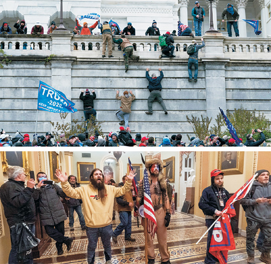 조 바이든 미국 대통령의 당선 인증을 위한 상·하원 합동회의가 열렸던 지난해 1월 6일 도널드 트럼프 전 대통령 지지자들이 의회의사당 건물 서쪽 벽을 타고 올라가고 있다. 아래는 의회를 점거한 시위대가 상원 의회당 밖에서 의회경찰과 대치하고 있는 모습.  AP