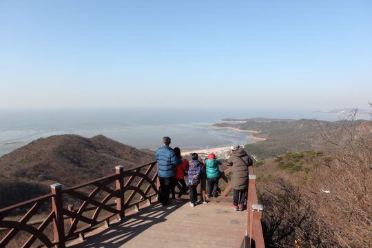 인천의 작은 섬, 무의도 최고봉인 호룡곡산의 전망대. 아래로 내려다보이는 백사장이 하나개 해변이다.