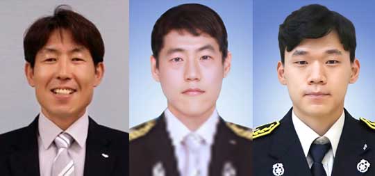 (서울=연합뉴스) 6일 경기도 평택시 청북읍의 한 냉동창고 신축 공사장에서 큰불이 나, 이 불을 끄기 위해 건물 내부에 진입했던 이형석 소방위(왼쪽부터)와 박수동 소방교, 조우찬 소방사 등 소방관 3명이 갑자기 재확산한 불길에 고립됐다가 끝내 모두 숨진 채 발견됐다. 2022.1.6 [소방청 제공. 재판매 및 DB 금지]