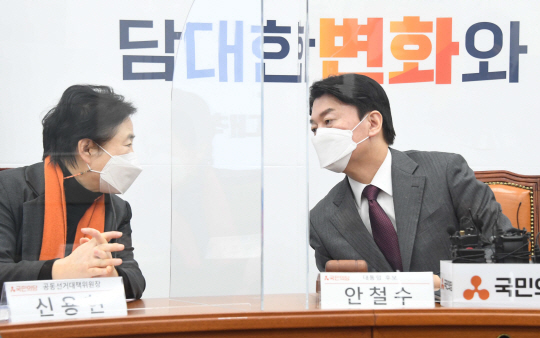 안철수(오른쪽) 국민의당 대선 후보가 10일 오전 국회에서 열린 중앙선거대책위원회의에서 신용현 공동선대위원장과 대화하고 있다. 국회사진기자단