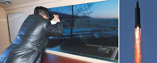 김정은(왼쪽 사진) 북한 국무위원장이 11일 자강도 일대에서 진행된 극초음속미사일 시험발사 장면(오른쪽)을 전용차량 안에서 망원경으로 관측했다고 12일 조선중앙통신이 보도했다. 북한은 이번 발사가 최종 시험이라고 밝혀 최대 속도 마하 10인 극초음속미사일이 조만간 실전 배치될 것으로 보인다.  연합뉴스