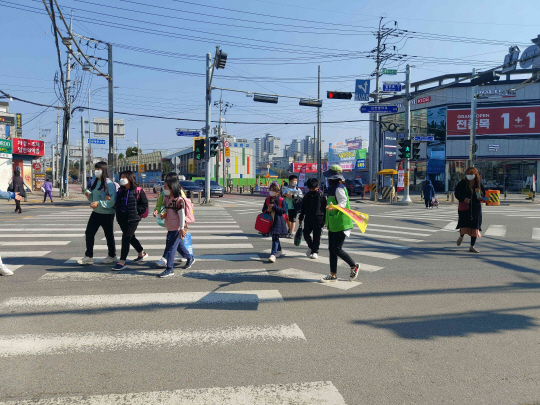 지난해 10월 경기 화성시의 한 초등학교 근처 교차로에서 보행안전지도사가 학생들을 인솔하고 있다.
