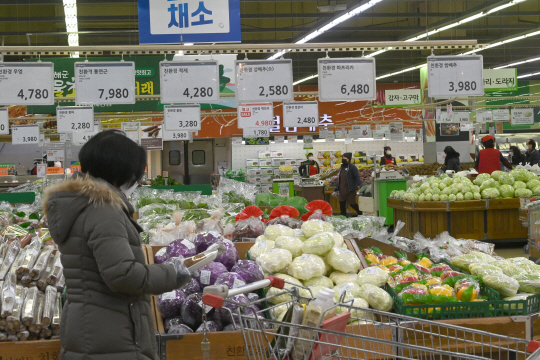 최근 식품 원재료 가격 오름세가 이어지면서 밥상 물가에 비상이 걸린 가운데 18일 오전 서울 서초구 양재동 하나로클럽 마트에서 한 소비자가 식료품 가격을 살펴보고 있다.  신창섭 기자