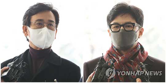 (서울=연합뉴스) 27일 서울서부지방법원에서 열린 유시민 전 노무현재단 이사장의 재판에 유 이사장(왼쪽사진)과 증인으로 출석한 한동훈 사법연수원 부원장(오른쪽사진)이 각각 출석하며 취재진의 질문에 답하고 있다. 2022.1.27