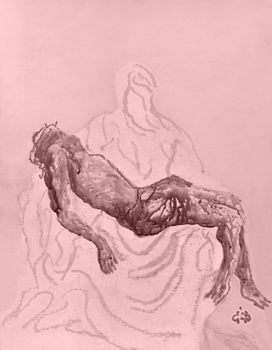 김병종, 분홍 피에타, 26.5×35㎝, 종이에 먹과 채색.
