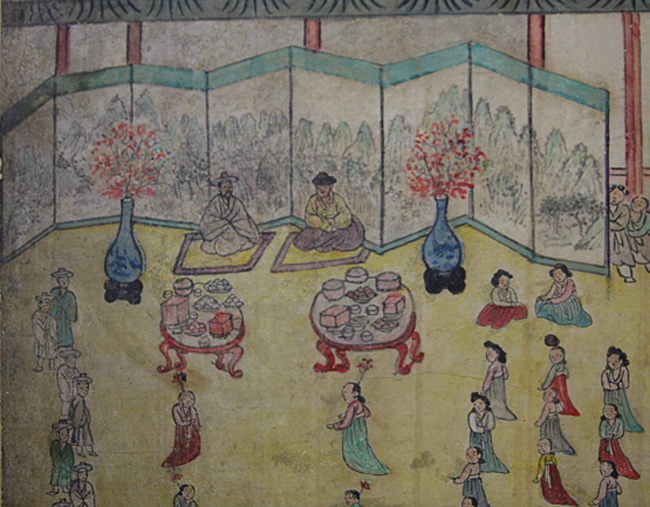 (그림 3) 회혼례도 병풍 부분 확대