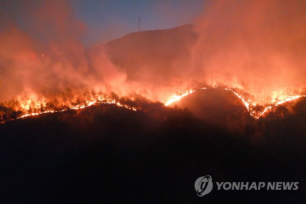 (영덕=연합뉴스) 16일 경북 영덕군 영덕읍 산에서 난 불이 이날 오후 7시께에도 계속해서 불길이 번지고 있다. 2022.2.16