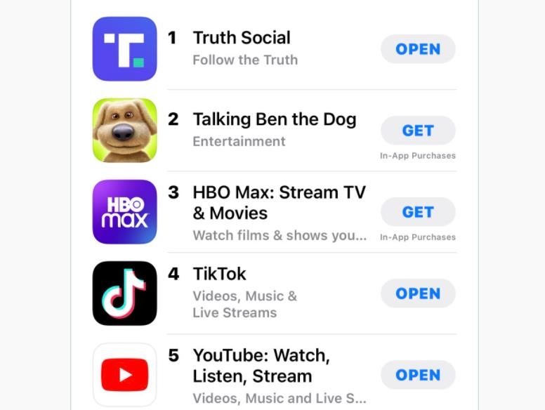 애플 앱스토어 다운로드 1위에 오른 트럼프 SNS[트위터 게시물 이미지 캡처. 재판매 및 DB 금지]