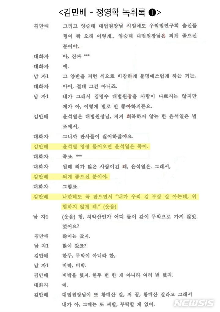 [서울=뉴시스] 국민의힘 선거대책본부는 22일 ‘김만배-정영학 녹취록’에서 김만배씨가 양승태 전 대법원장과 윤석열 국민의힘 대통령후보(당시 검찰총장)를 언급하는 부분을 입수해 공개했다. (사진=국민의힘 선거대책본부 제공) 2022.02.22