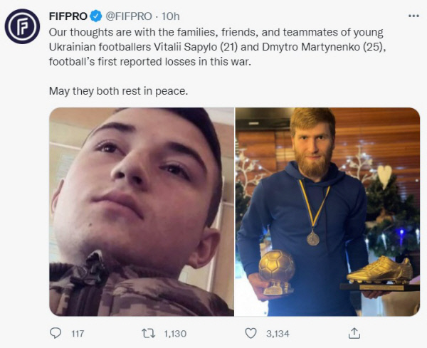 국제축구선수협회(FIFPro)가 2일 오전(한국시간) SNS를 통해 러시아의 우크라이나 침공에 희생된 두 명의 우크라이나 축구선수를 애도했다.  FIFPro 트위터 캡처