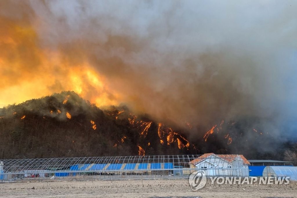 (울진=연합뉴스) 4일 경북 울진군 북면 야산에서 불이 나 주변으로 번지고 있다. 2022.3.4 [산림청 제공. 재판매 및 DB 금지]