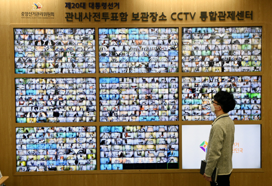 7일 오전 경기 과천시 중앙선거관리위원회 종합상황실에 마련된 20대 대통령선거 관내 사전투표함 보관장소 CCTV 통합관제센터에서 관계자가 투표함 보관 상황을 점검하고 있다.