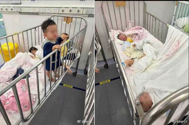 (서울=연합뉴스) 중국 상하이의 공공병원인 상하이공공위생센터의 어린이 병동에서 격리된 채 치료를 받는 영유아 환자들. 환자가 급증해 한 침대를 여러 명의 영유아가 함께 쓰고 있다. 여론의 주목을 받은 뒤 이 병원은 수용 환경을 ‘개선’했다고 밝혔다. [중국 소셜미디어 웨이보 캡처] 2022.4.3