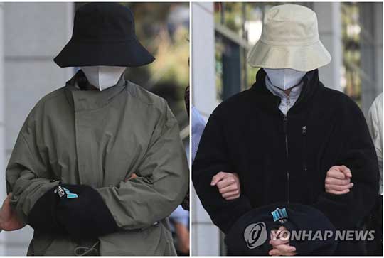 (인천=연합뉴스) ‘계곡 살인’ 사건의 피의자 이은해(31)·조현수(30)씨가 16일 오후 인천시 미추홀구 인천지방검찰청으로 압송되고 있다. 2022.4.16