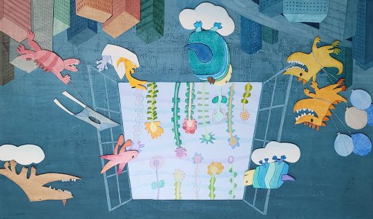 미수가루(조미숙), 네버랜드를 찾아서, 아크릴과 클레이, 54×90㎝, 2022