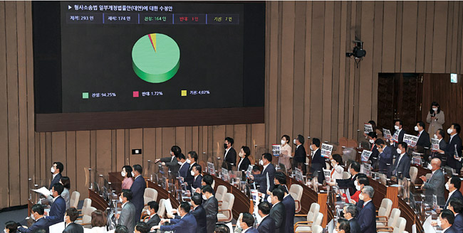 3일 오전 국회에서 열린 본회의에서 국민의힘 의원들이 더불어민주당의 표결강행으로 개의 선언 약 3분 만에 찬성 164명, 반대 3명, 기권 7명으로 가결된 ‘검수완박’(검찰 수사권 완전 박탈) 법안 중 형사소송법 일부개정법률안에 대해서 원천무효를 주장하면서 강하게 항의하고 있다. 국회사진기자단