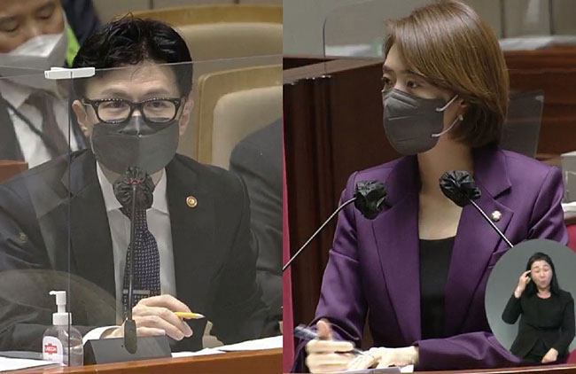 고민정(오른쪽) 더불어민주당 의원과 한동훈 법무부 장관이 19일 국회 예산결산특별위원회 전체회의에서 15분 간 공방을 주고 받았다. 국회의사중계 화면 캡처
