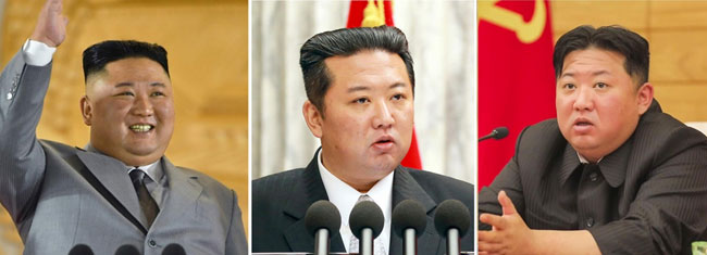 김정은 북한 국무위원장의 체중변화를 보여주는 조선중앙통신 보도 사진. 왼쪽부터 2020년 10월 10일 조선노동당 창건 75주년 경축 열병식, 2021년 12월 28일 당 전원회의, 2022년 5월 12일 당 정치국 협의회의 모습.