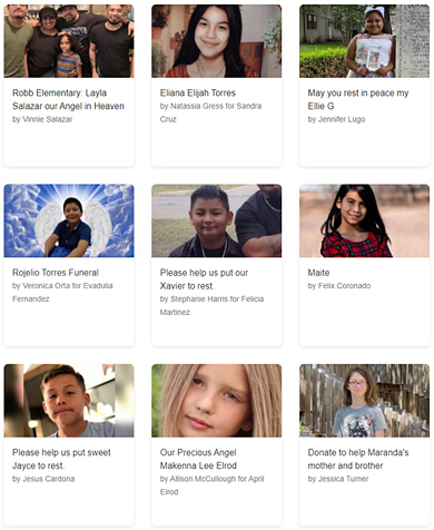 31일 현재 온라인 모금 사이트 ‘고펀드미’에 미국 텍사스주 초등학교 총격 참사 희생자 및 피해자를 위한 성금 청원 게시글들이 다수 게재돼 있다. 고펀드미 캡처