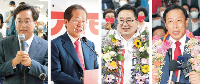 6·1지방선거에서 승리한 김동연(왼쪽 사진부터) 경기지사 당선인, 홍준표 대구시장 당선인, 이장우 대전시장 당선인, 최민호 세종시장 당선인이 지난 2일 각 지역구에 차려진 자신들의 선거사무실에서 당선 소감을 말하고 있다. 연합뉴스·뉴시스