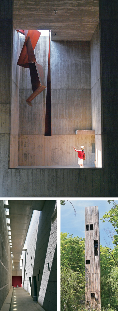 위 사진은 소요헌의 내부. 천장을 뚫고 들어온 철구조물이 전쟁과 폭력을 상징한다. 사진 아래 왼쪽은 승효상 건축가가 설계한 명상공간인 ‘명정’(瞑庭) 내부. 해의 기울기에 따라 긴 회랑에 스미는 빛이 다양하게 변주된다. 오른쪽은 새들이 주인인 건축물 ‘조사’(鳥寺). 새를 불러 모으다가 썩어 넘어져서 자연으로 되돌아가는 건축물로 역시 승효상의 작품이다.