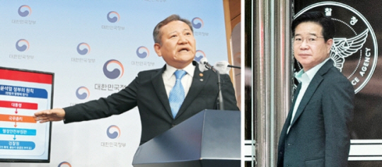지난 달 27일 오전 서울 광화문 정부서울청사에서 경찰제도개선자문위원회 권고안에 대한 입장을 밝히고 있는 이상민(왼쪽 사진) 행정안전부 장관과 서울 서대문구 미근동 경찰청으로 들어서고 있는 김창룡 경찰청장. 김호웅 기자·연합뉴스