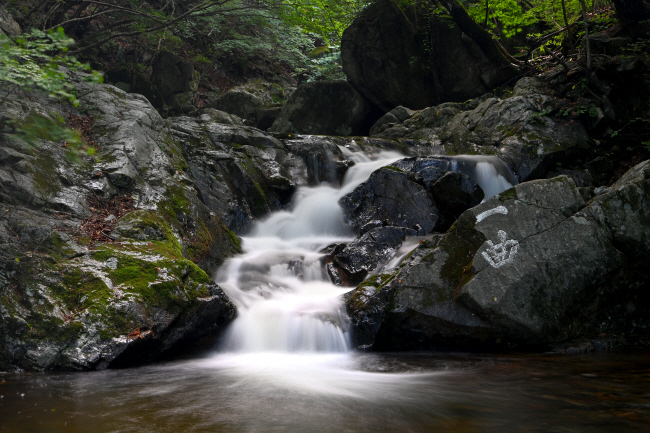 사방이 온통 산으로 둘러싸인 절집 초암사 위쪽의 죽계구곡의 제1곡. 작은 폭포 옆 바위에 써 놓은 글씨가 뚜렷하다. 여기서 하류로 내려가면서 구곡이 이어진다.