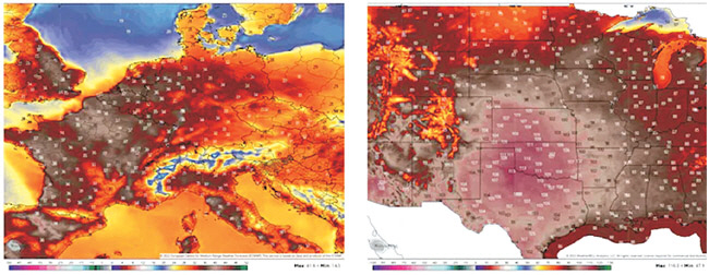 19일 유럽과 미국 전역에 40도를 넘나드는 ‘불볕더위’가 예보되며 유럽(왼쪽)과 미국(오른쪽)의 최고기온 분포 지도가 붉게 물들어 있다.  워싱턴포스트(WP) 캡처