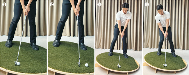 어깨를 경사면과 평행하게… 작고 간결하게 스윙