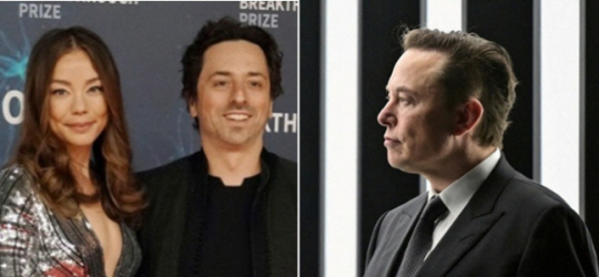 구글 공동창업자 세르게이 브린(왼쪽 사진 오른쪽)과 그의 아내 니콜 섀너핸. 오른쪽 사진은 일론 머스크 테슬라 CEO. 문화일보 자료사진